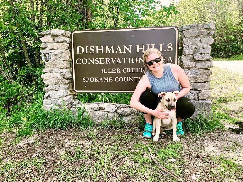 fawn and white pit bull Trudy ready for 1st hike